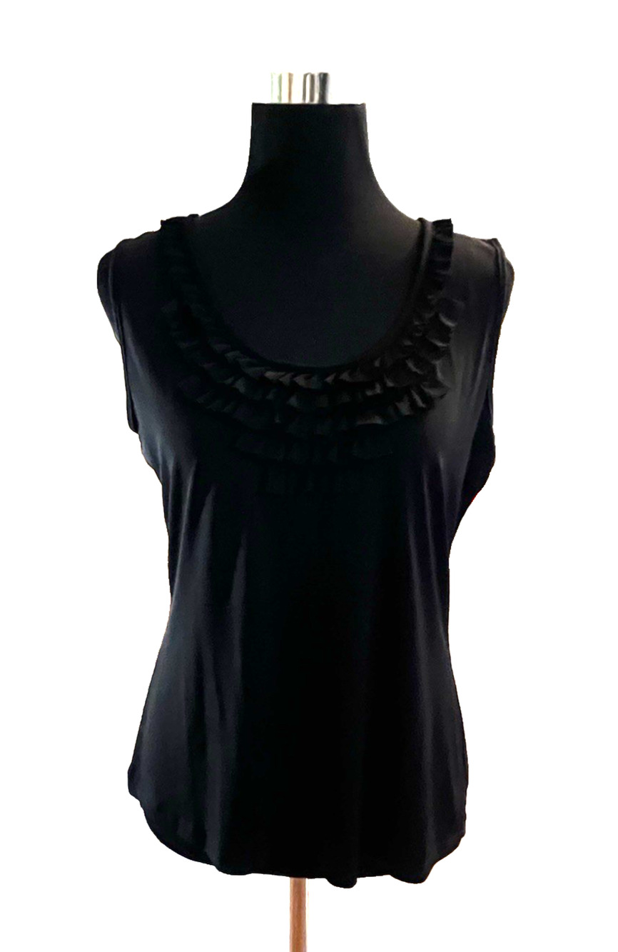 Vintage Suzie Top Blouse Sleeveless Black Ruffled Front Sz L Knit Stretch